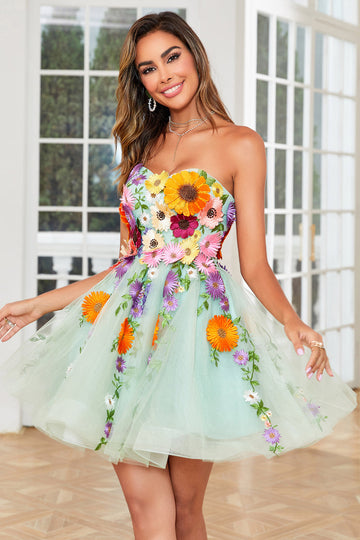 Light Green Strapless Homecoming Dress with 3D Flowers