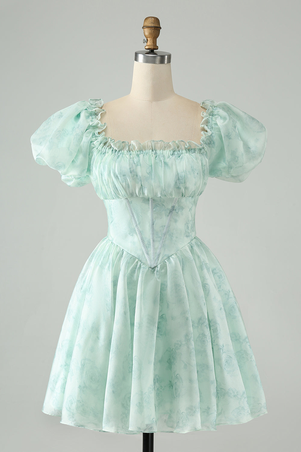 Light Blue A Line Square Neck Floral Ruffle Short Homecoming Dress