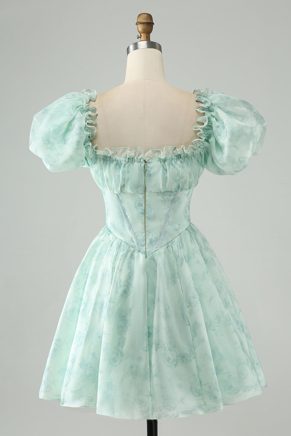 Light Blue A Line Square Neck Floral Ruffle Short Homecoming Dress
