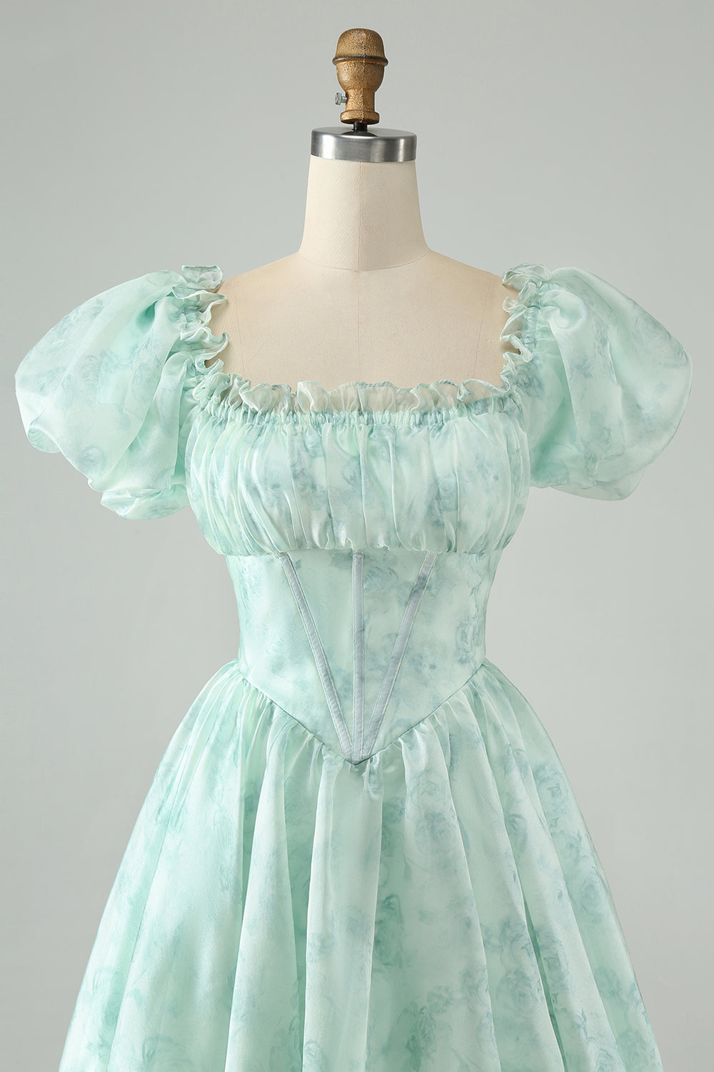Light Blue A Line Square Neck Floral Ruffle Short Homecoming Dress