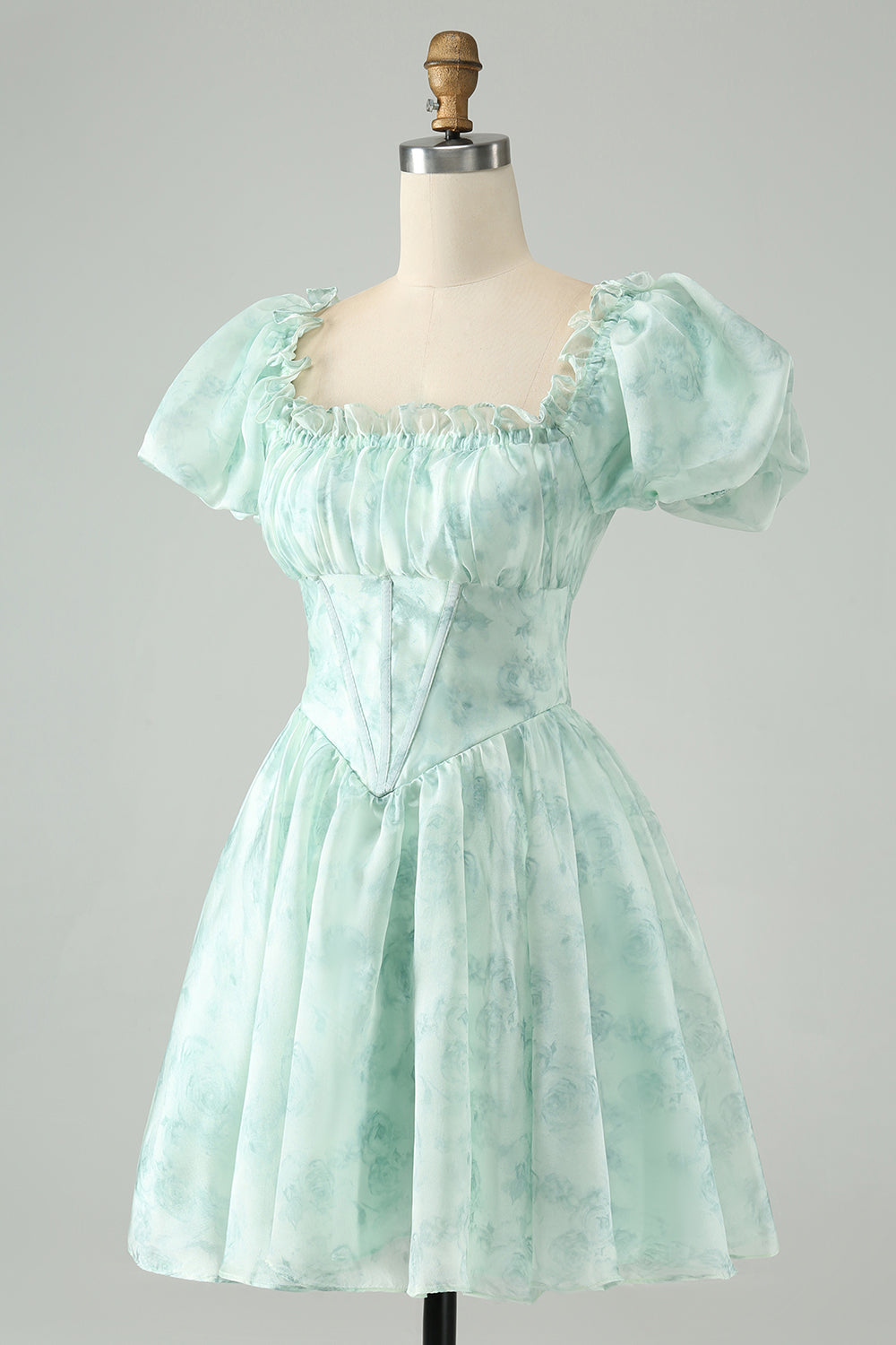 Light Blue A Line Square Neck Floral Ruffle Short Homecoming Dress