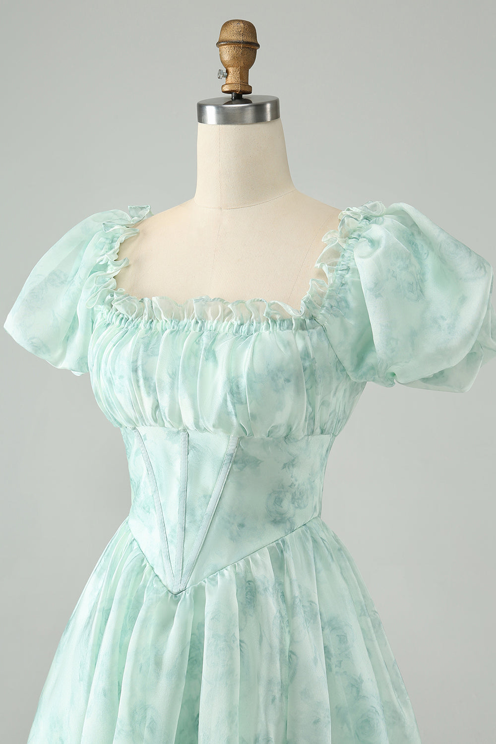 Light Blue A Line Square Neck Floral Ruffle Short Homecoming Dress
