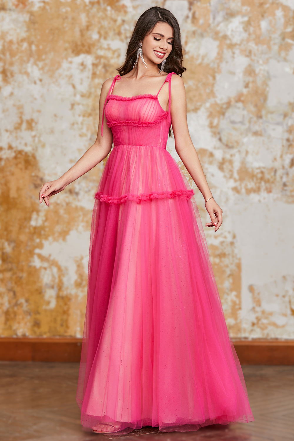 Princess A Line Spaghetti Straps Fuchsia Long Prom Dress with Ruffles