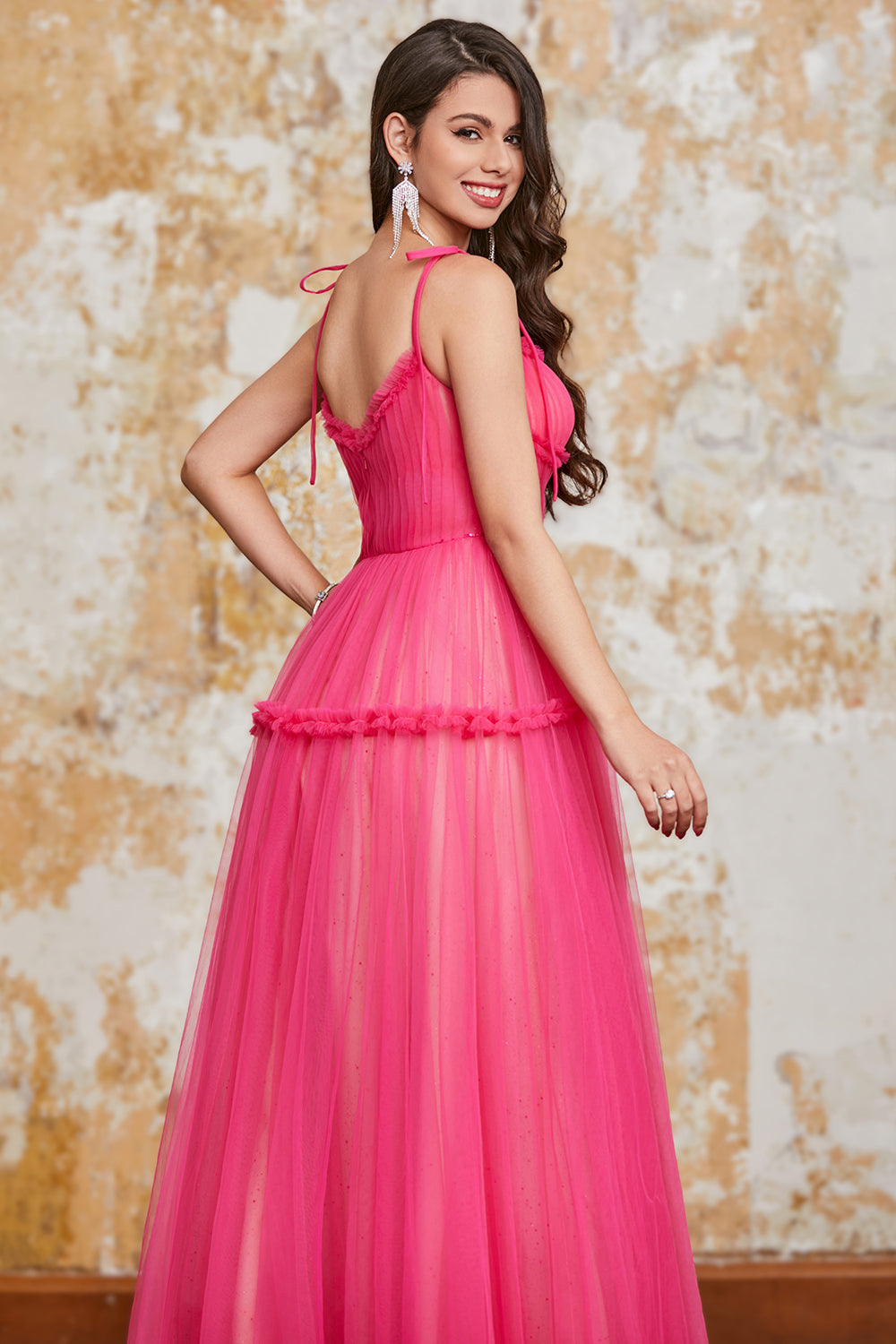 Princess A Line Spaghetti Straps Fuchsia Long Prom Dress with Ruffles
