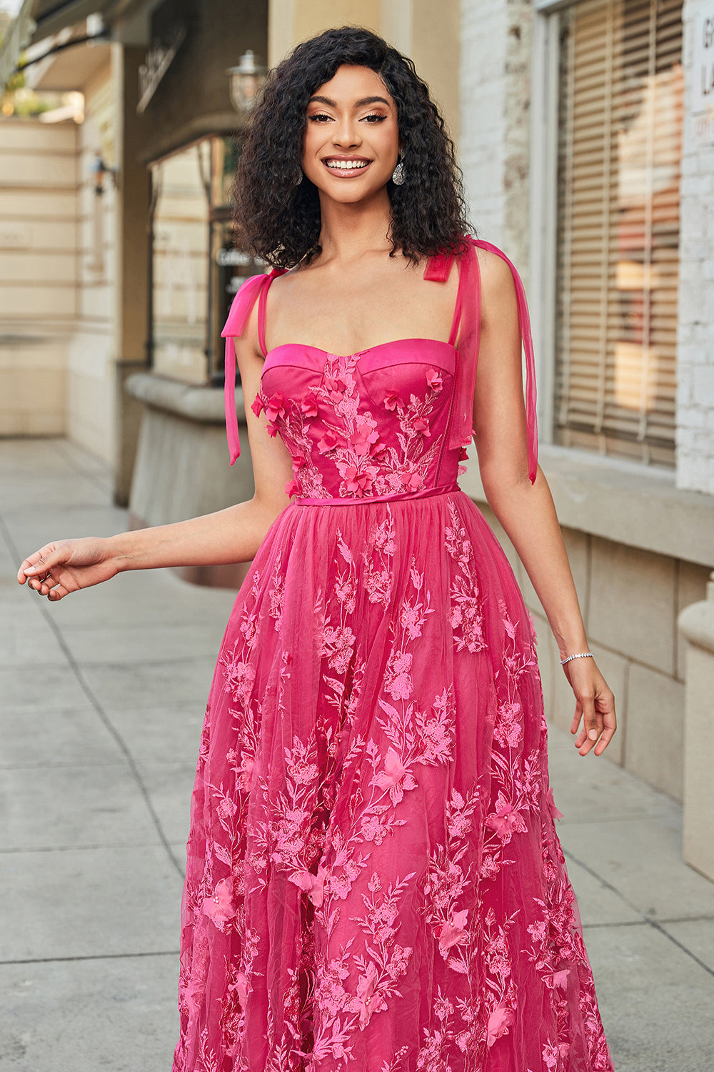 Spaghetti Straps Hot Pink A-Line Long Prom Dress with Slit