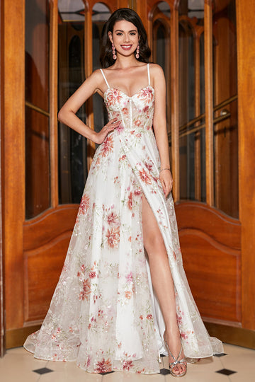 Embroidered Ivory Flower Long Corset Prom Dress with Slit