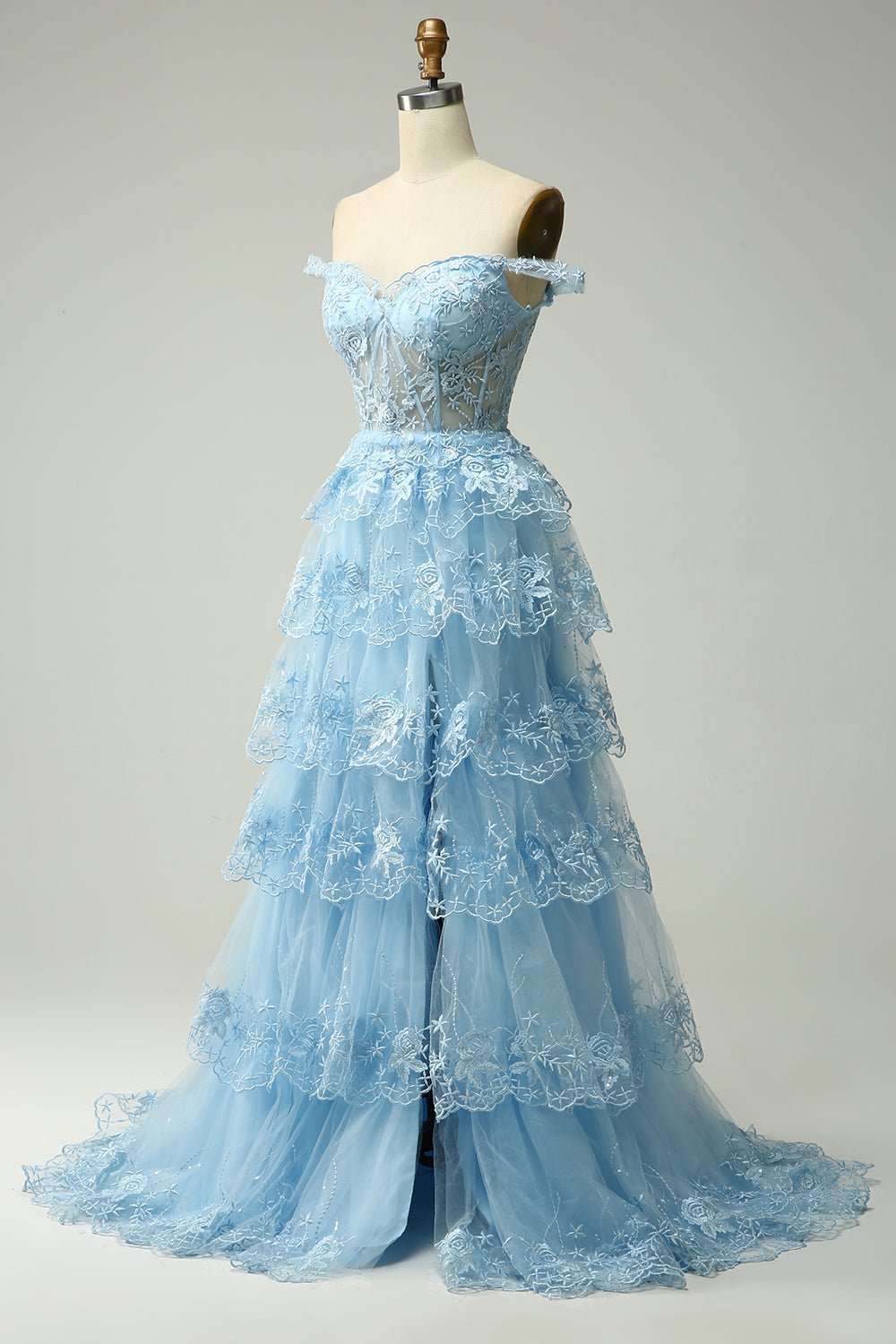 Dark Blue Off The Shoulder Tiered Prom Dress