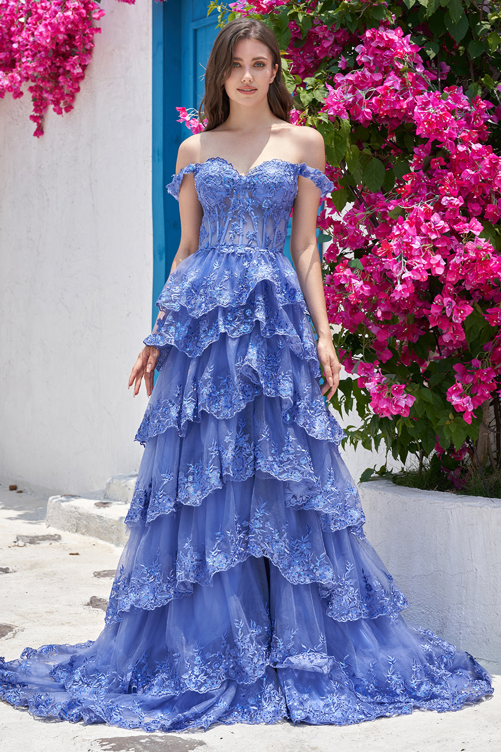 Blush Off The Shoulder Tiered Prom Dress