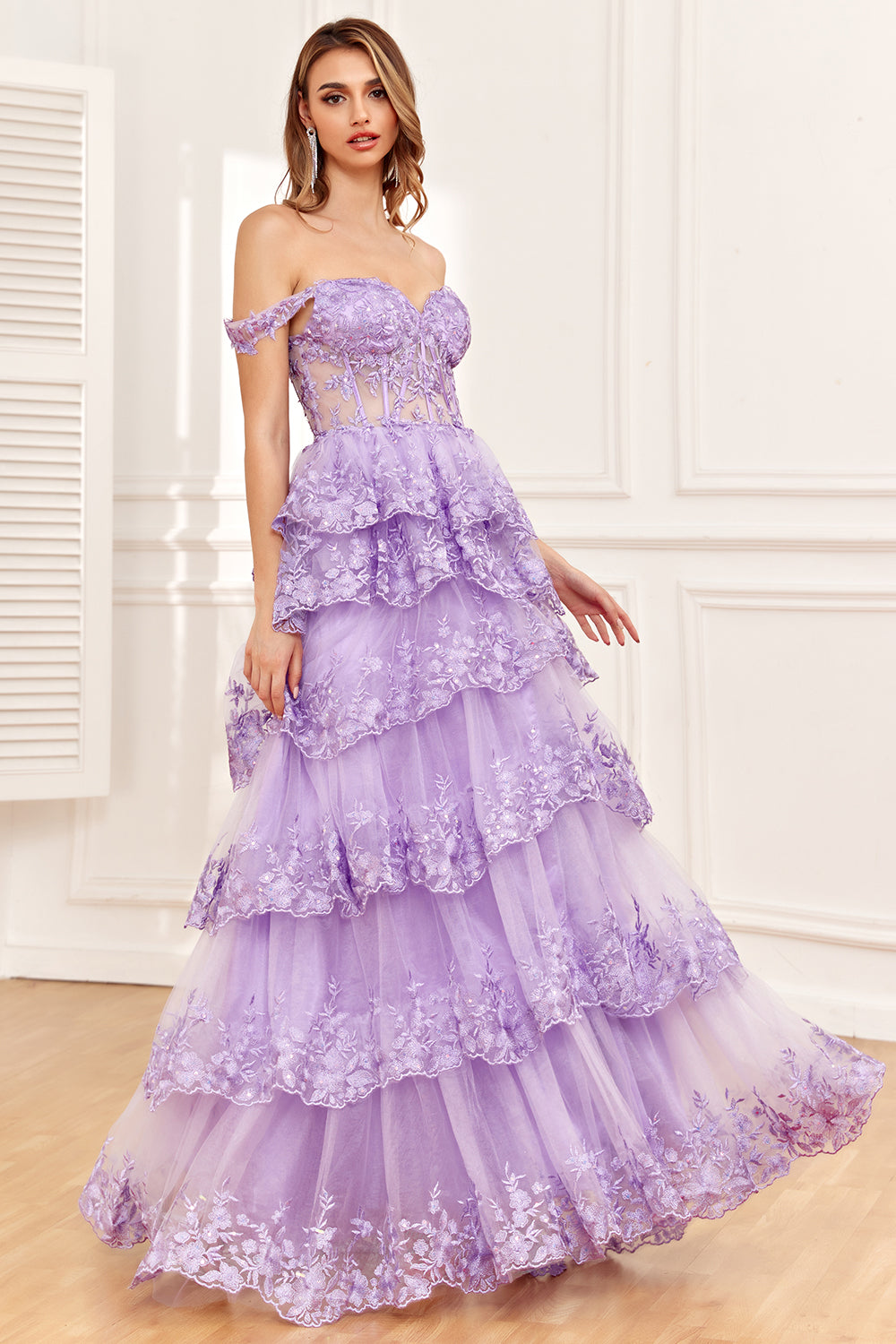 Blush Off The Shoulder Tiered Prom Dress