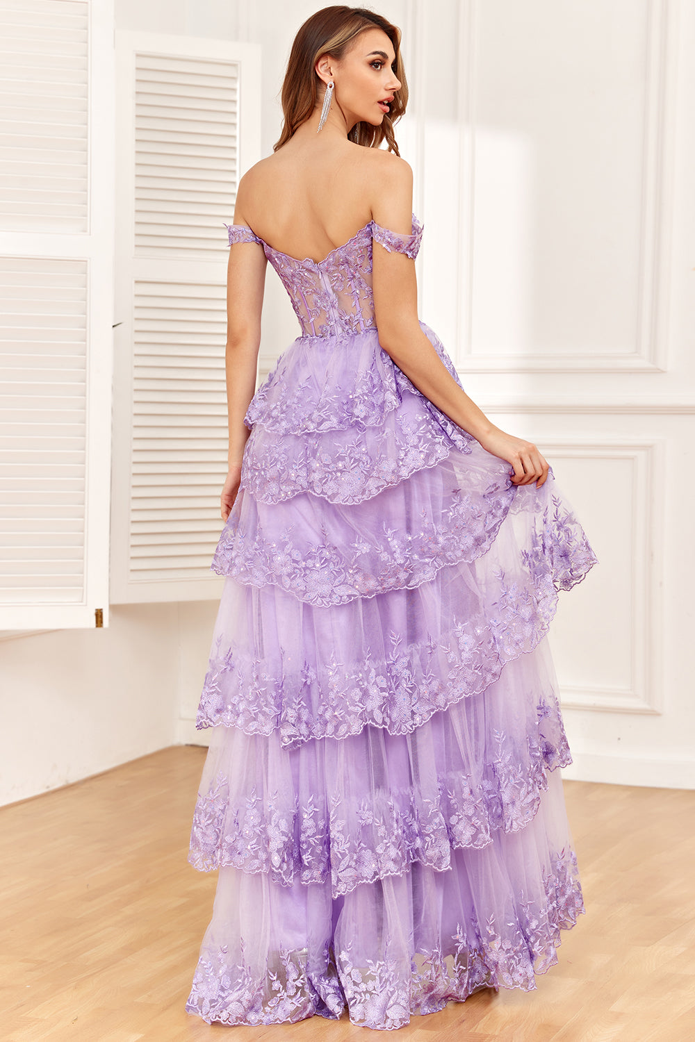 Dark Blue Off The Shoulder Tiered Prom Dress