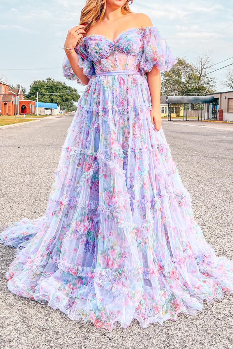 A Line Off The Shoulder Floral Tulle Prom Dress