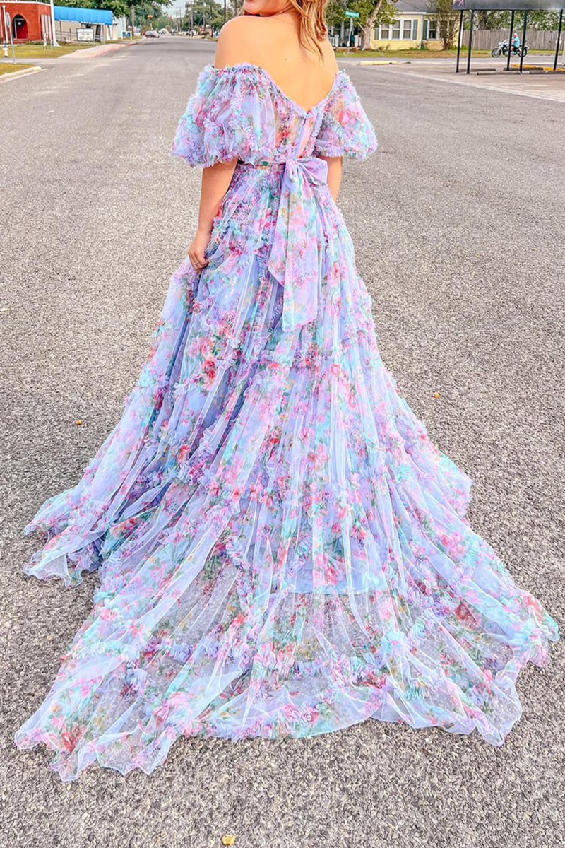 A Line Off The Shoulder Floral Tulle Prom Dress