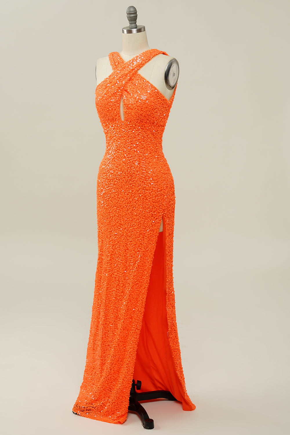 Sequins Orange Cross Neck Prom Dress