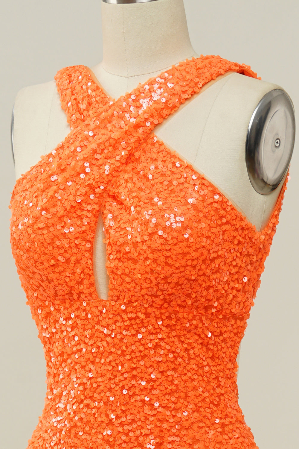 Sequins Orange Cross Neck Prom Dress