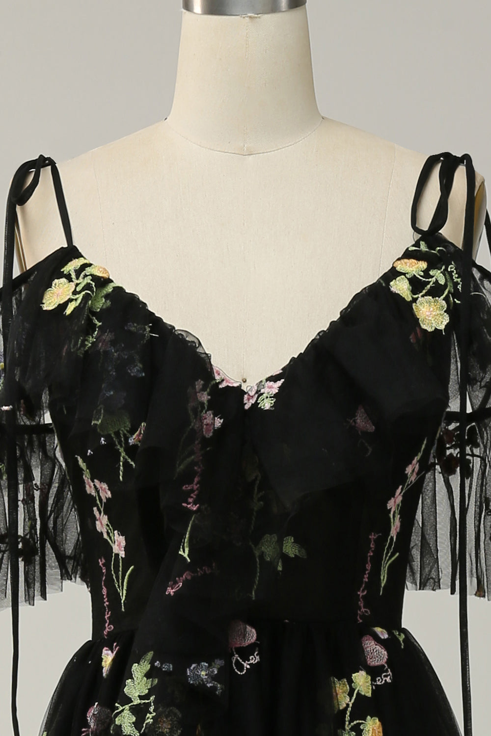 A-Line V-Neck Spaghetti Straps Embroidery Black Slit Prom Dress