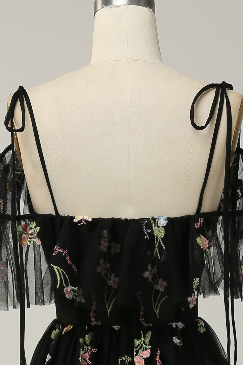 A-Line V-Neck Spaghetti Straps Embroidery Black Slit Prom Dress