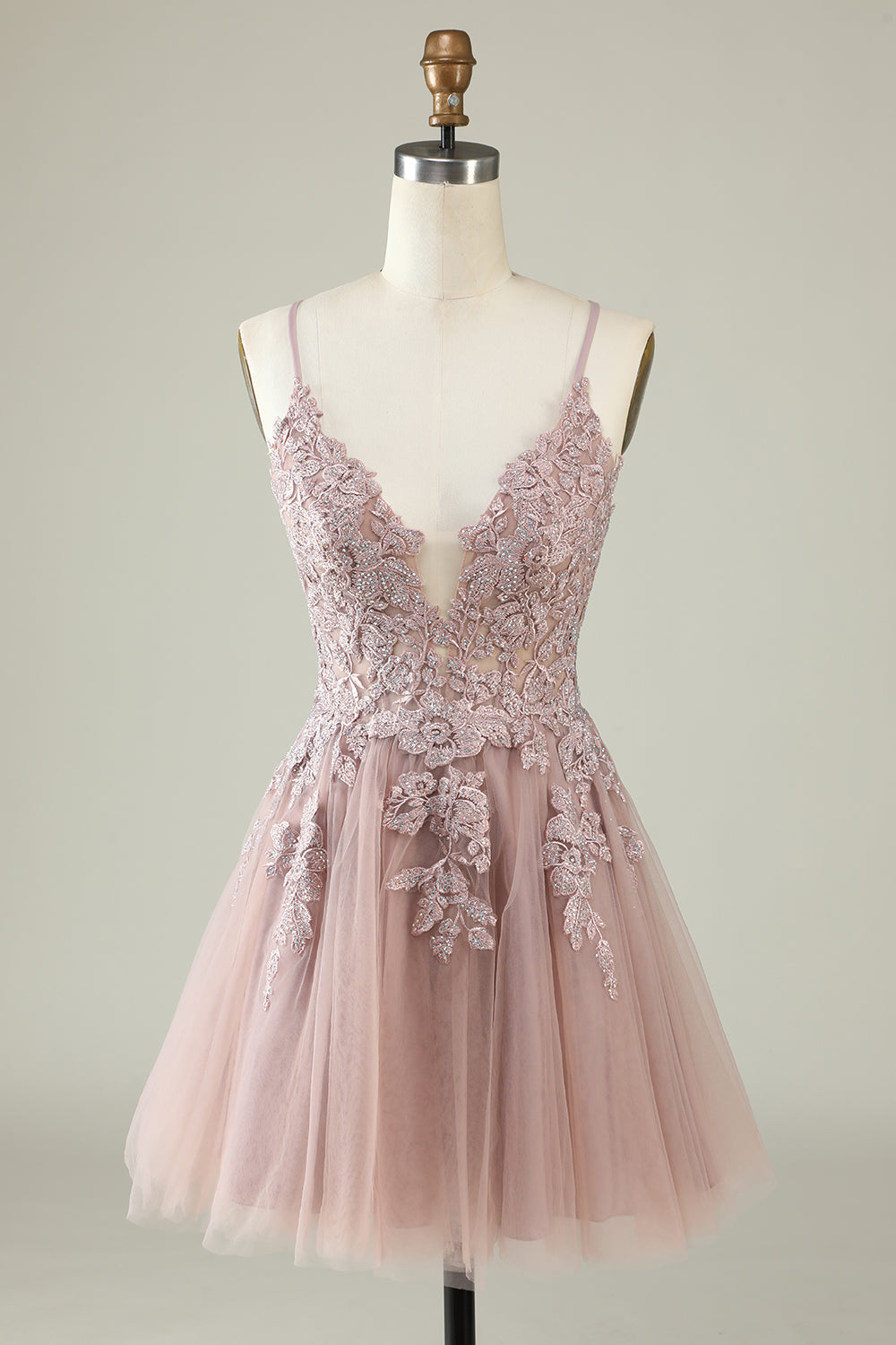 Spaghetti Straps Grey Blue Short Tulle A Line Homecoming Dress with Appliques
