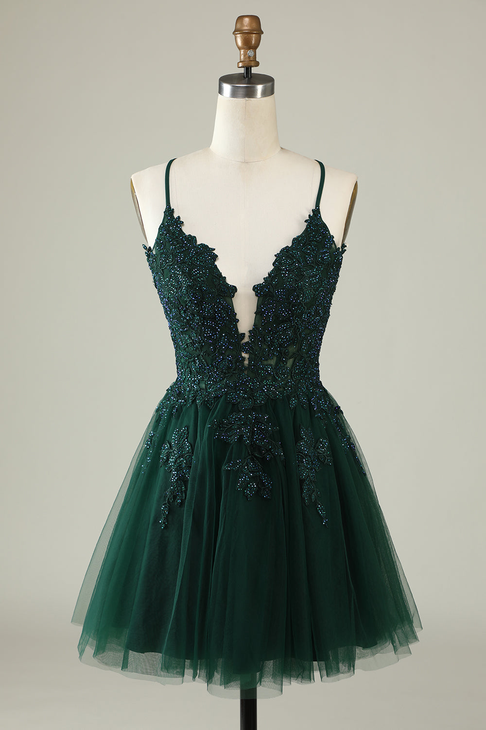 Spaghetti Straps Grey Blue Short Tulle A Line Homecoming Dress with Appliques