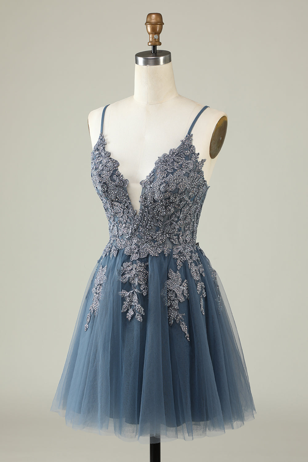 Spaghetti Straps Grey Blue Short Tulle A Line Homecoming Dress with Appliques