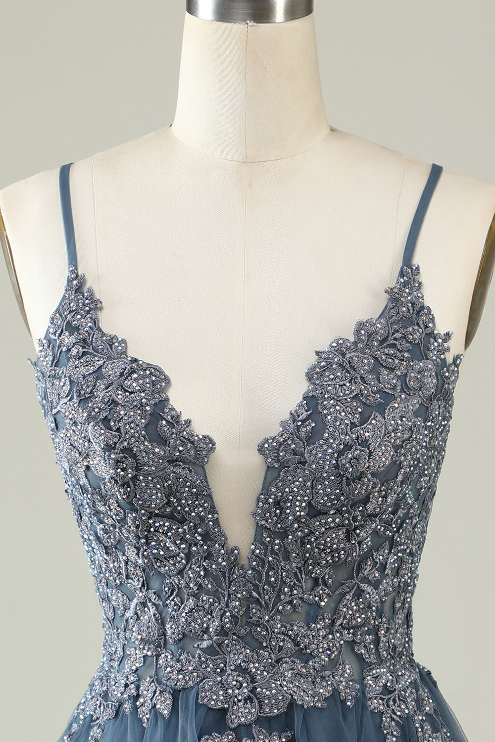 Spaghetti Straps Grey Blue Short Tulle A Line Homecoming Dress with Appliques