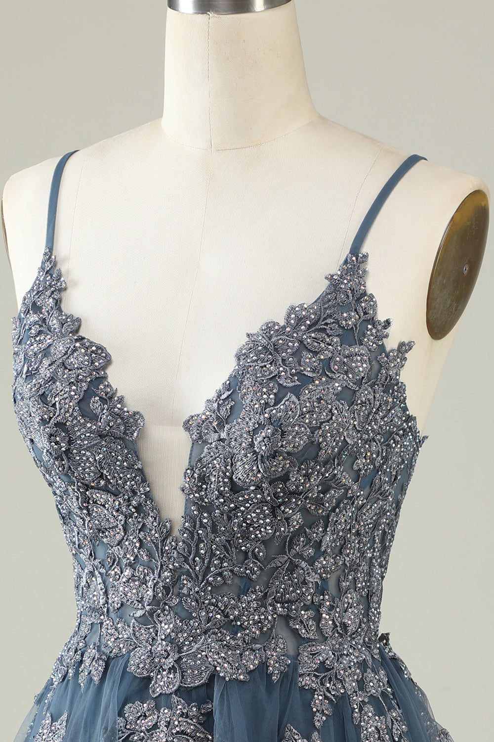 Spaghetti Straps Grey Blue Short Tulle A Line Homecoming Dress with Appliques