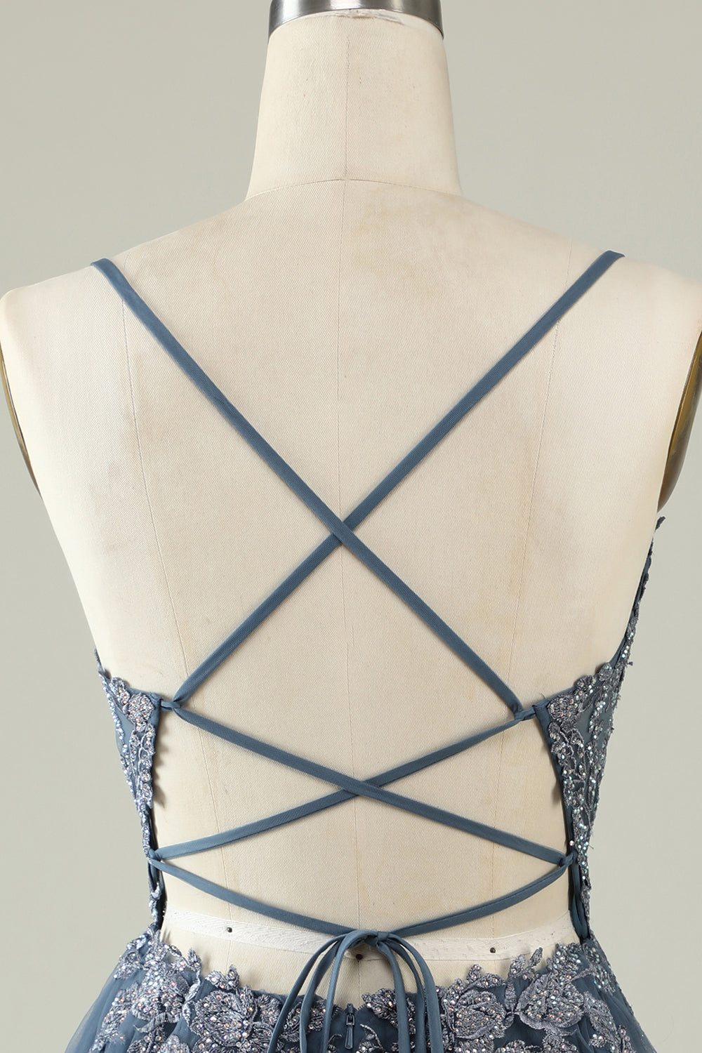 Spaghetti Straps Grey Blue Short Tulle A Line Homecoming Dress with Appliques