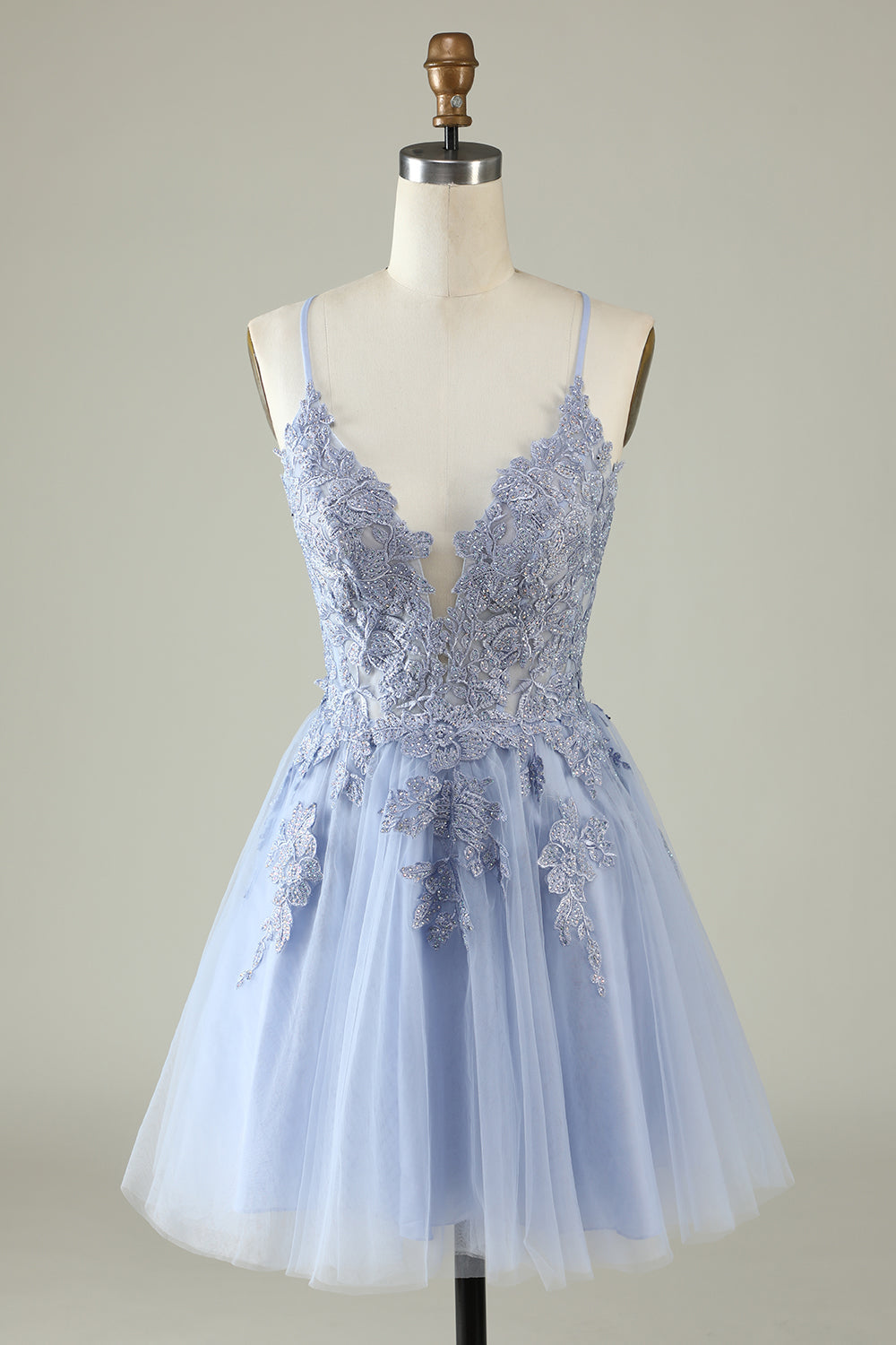 Spaghetti Straps Grey Blue Short Tulle A Line Homecoming Dress with Appliques