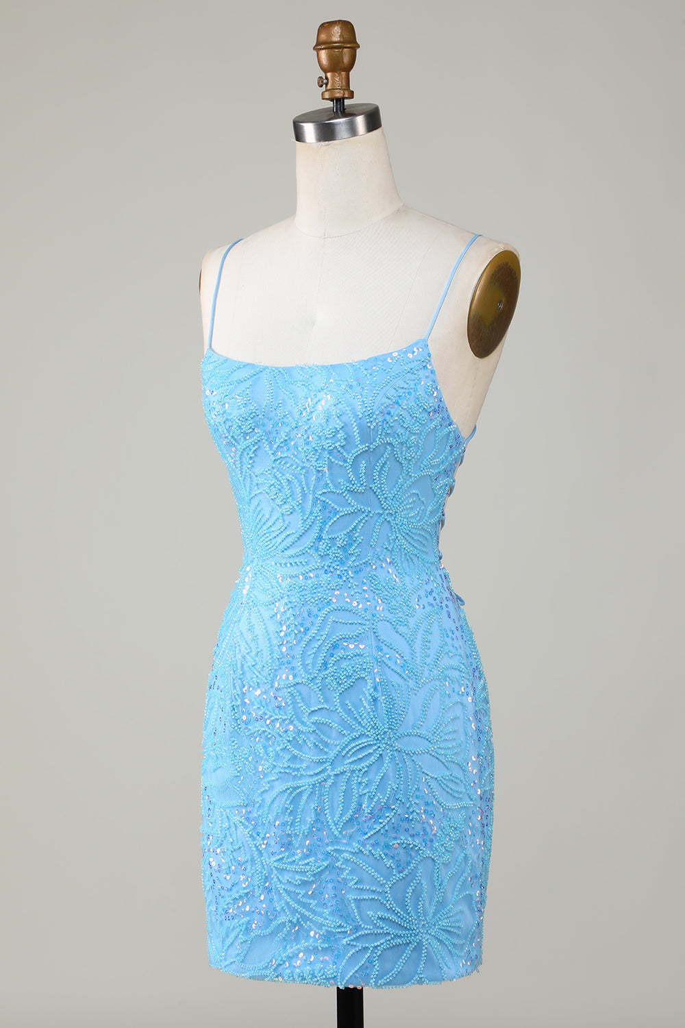 Sparkly Tight Blue Beaded Spagetti Straps Short Homecoming Dress
