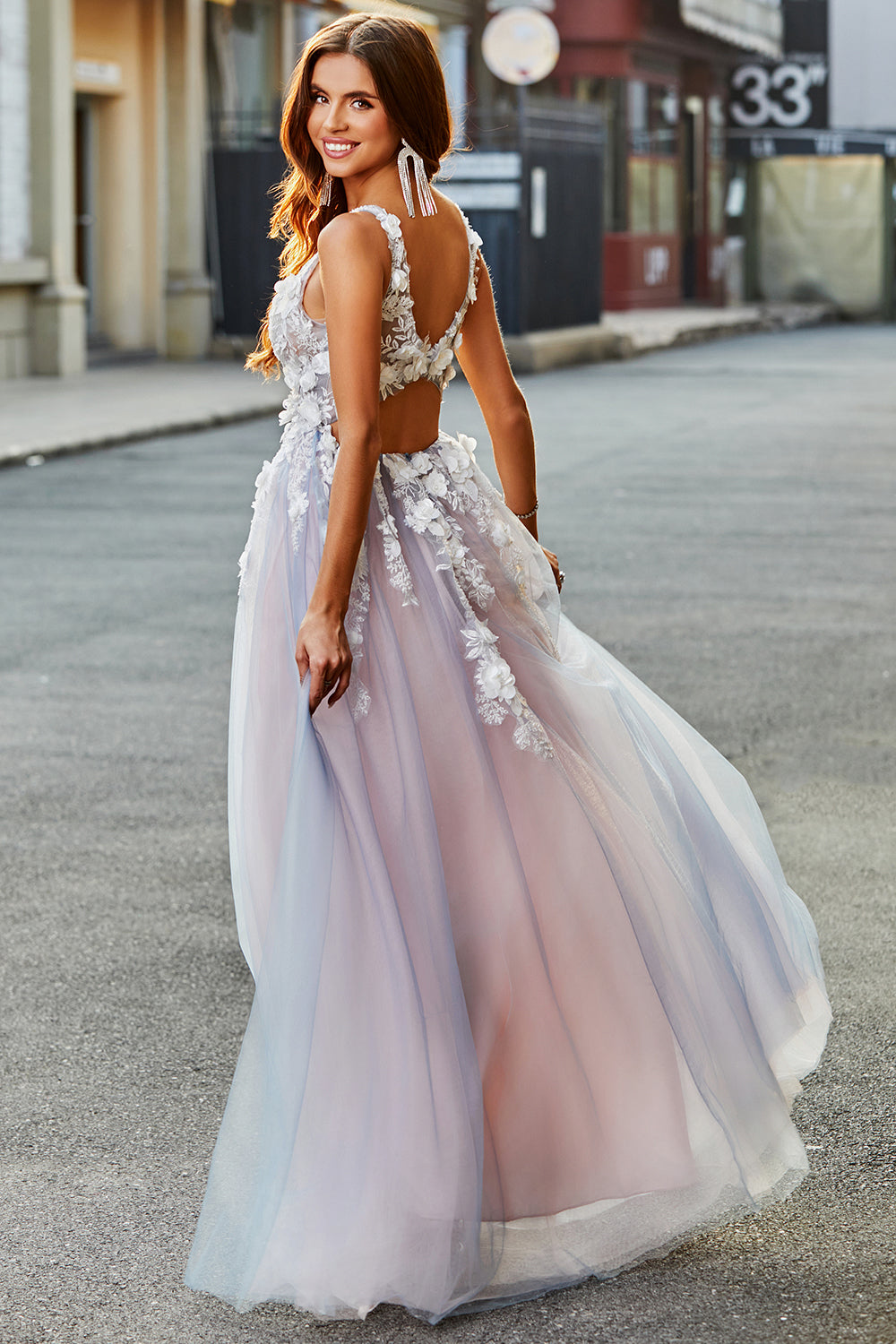 Grey Pink A Line Deep V Neck Long Prom Dress with Appliques