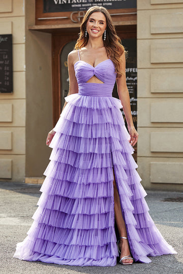 Tulle A-Line Purple Tiered Long Prom Dress with Slit