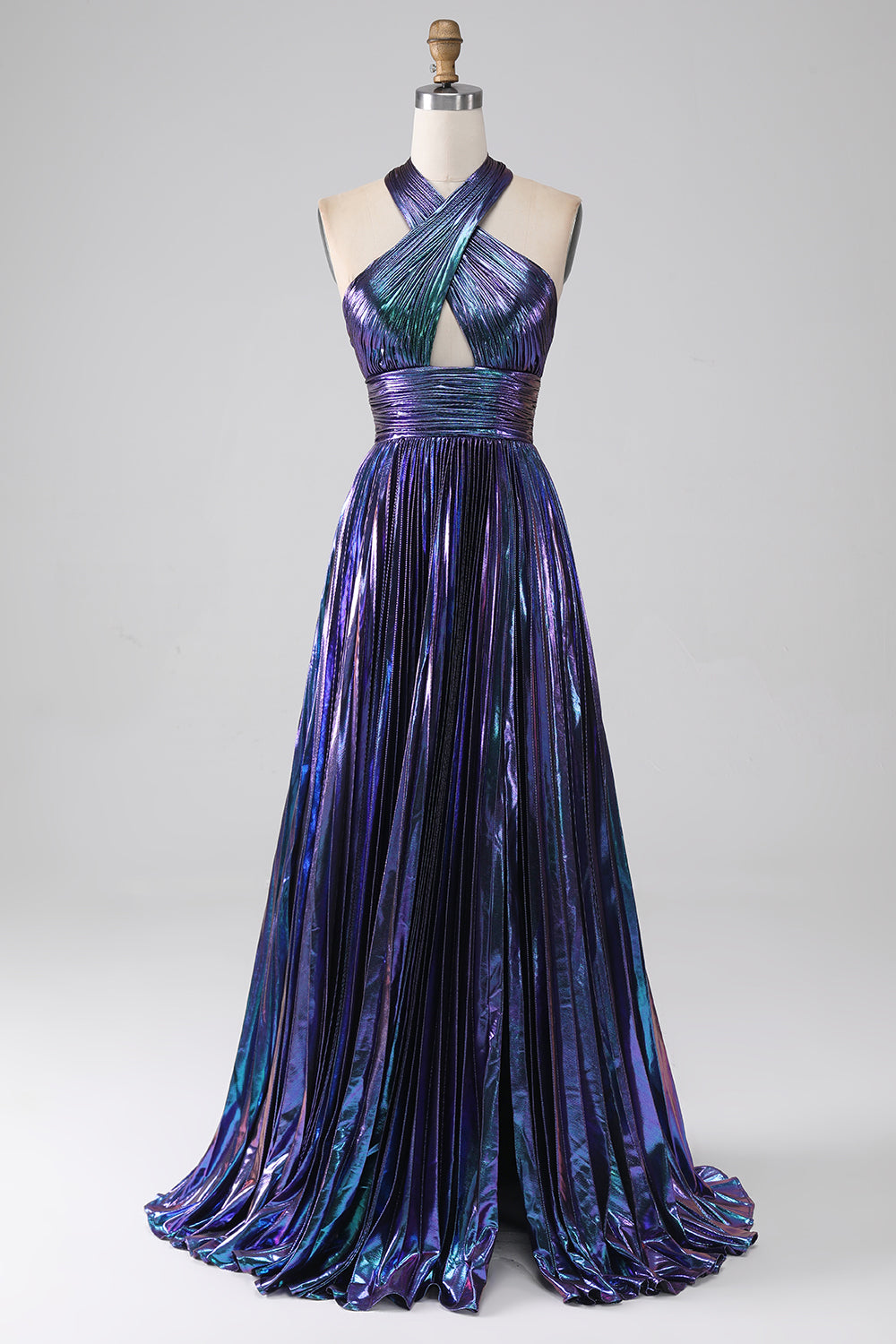 Stunning A Line Halter Neck Purple Long Prom Dress with Keyhole Split Front
