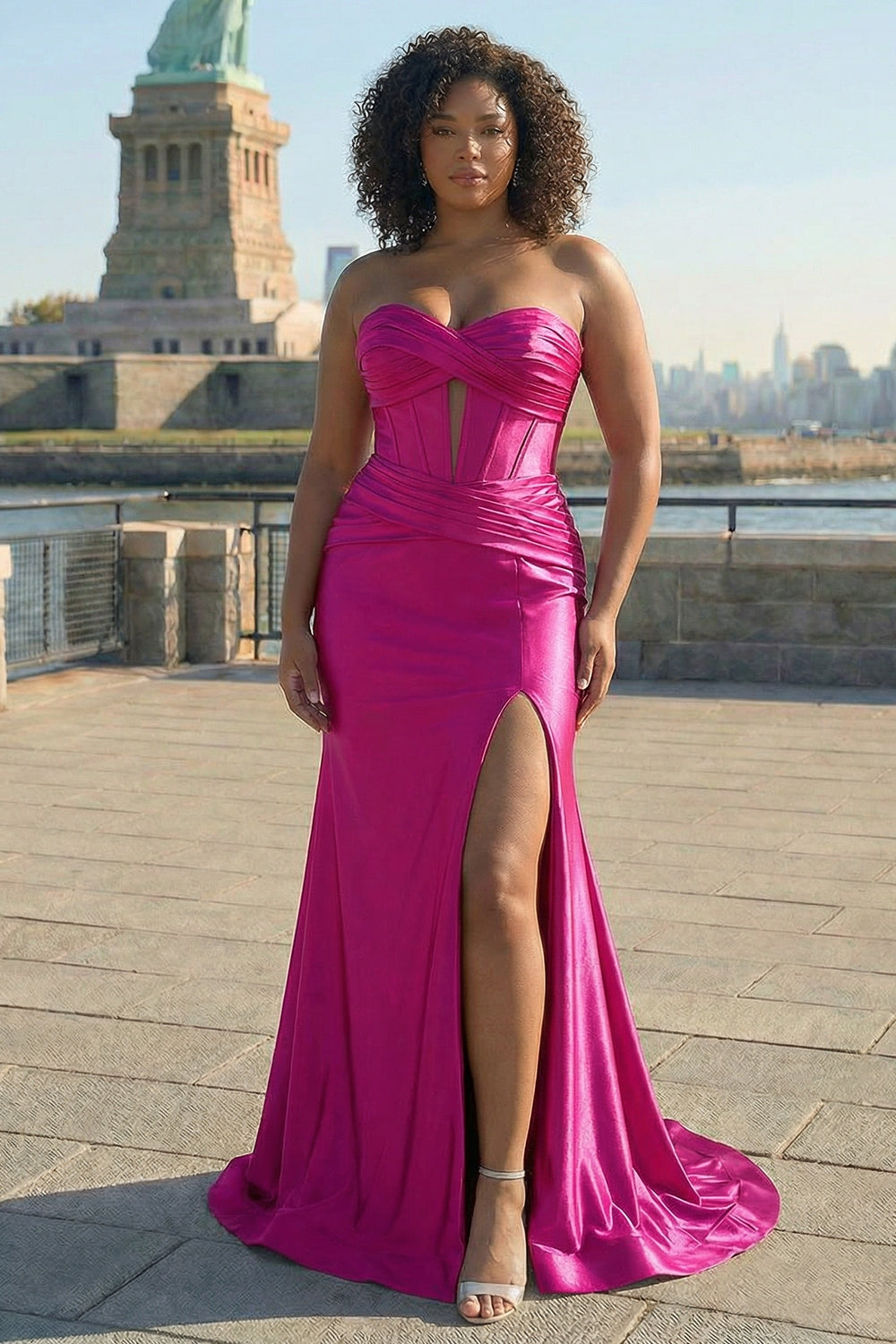 Sparkly Fuchsia Mermaid Plus Size Long Corset Prom Dress with Slit