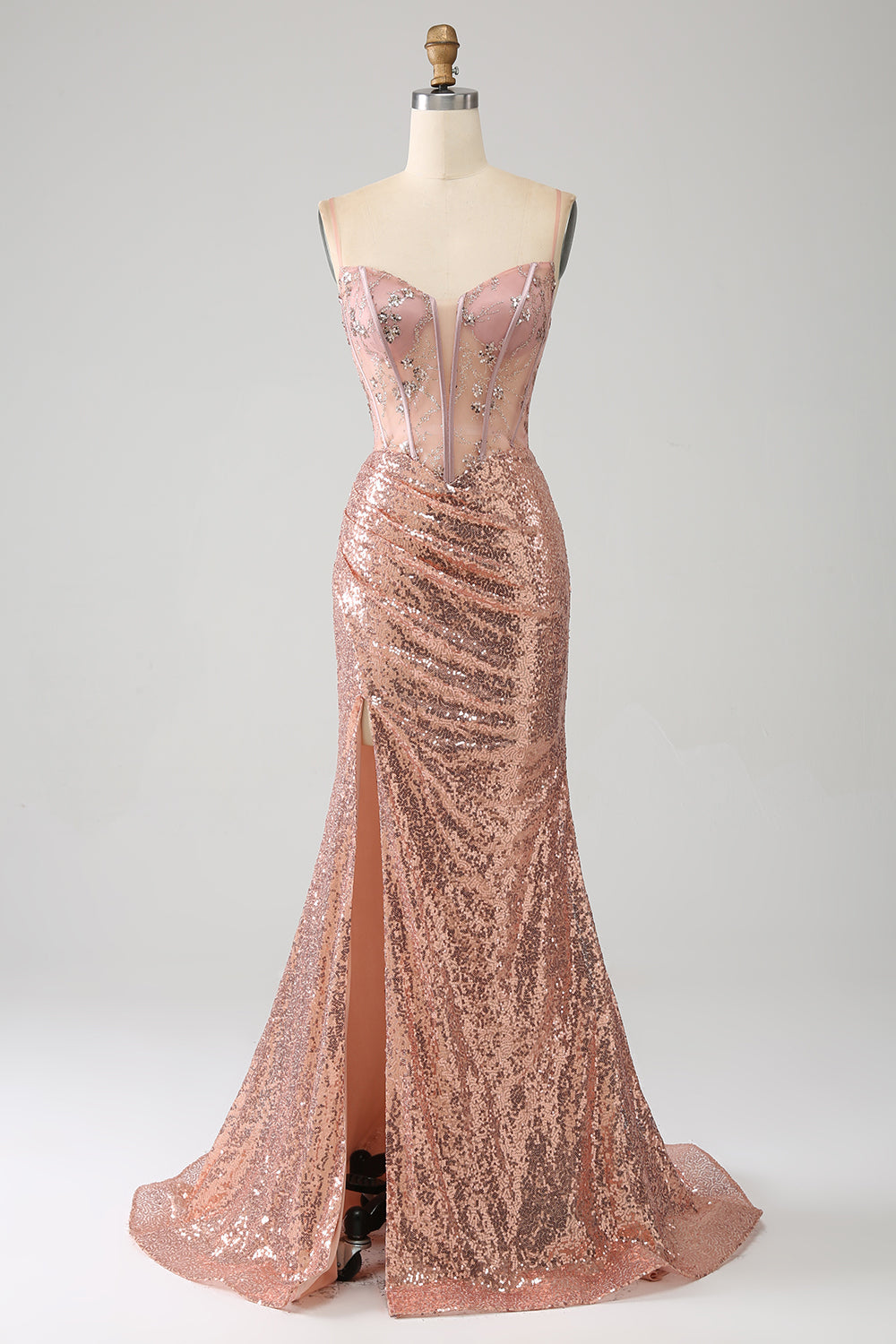 Sparkly Rose Gold Mermaid Beaded Ruched Sequin Corset Prom Dress With Slit