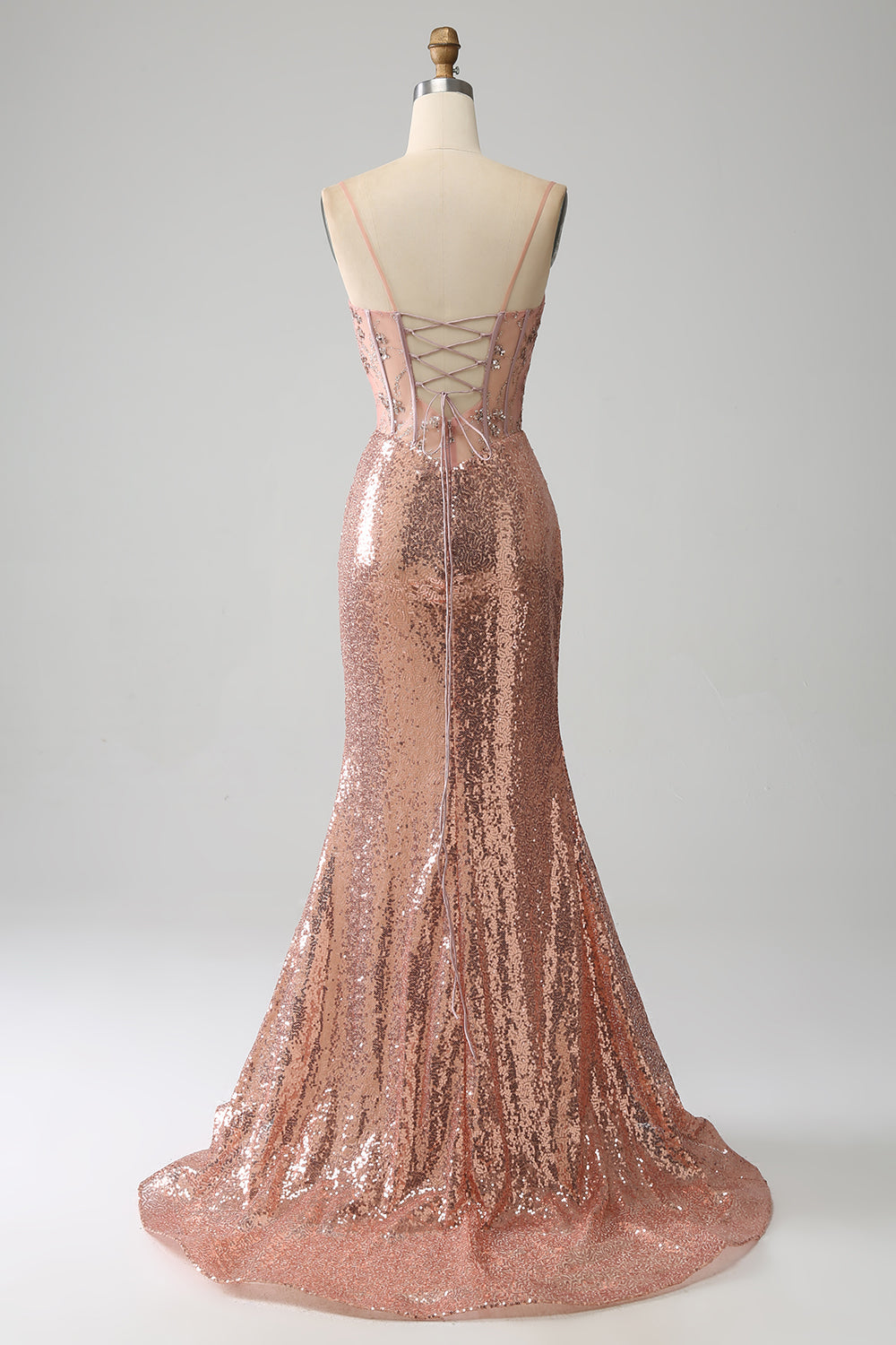 Sparkly Rose Gold Mermaid Beaded Ruched Sequin Corset Prom Dress With Slit