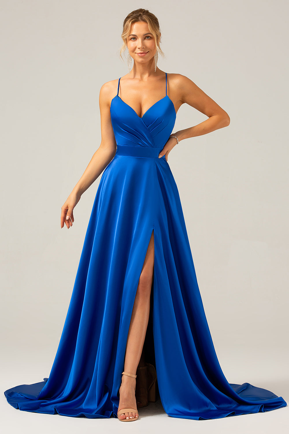 A Line Spaghetti Straps Royal Blue Satin Prom Dress with Slit