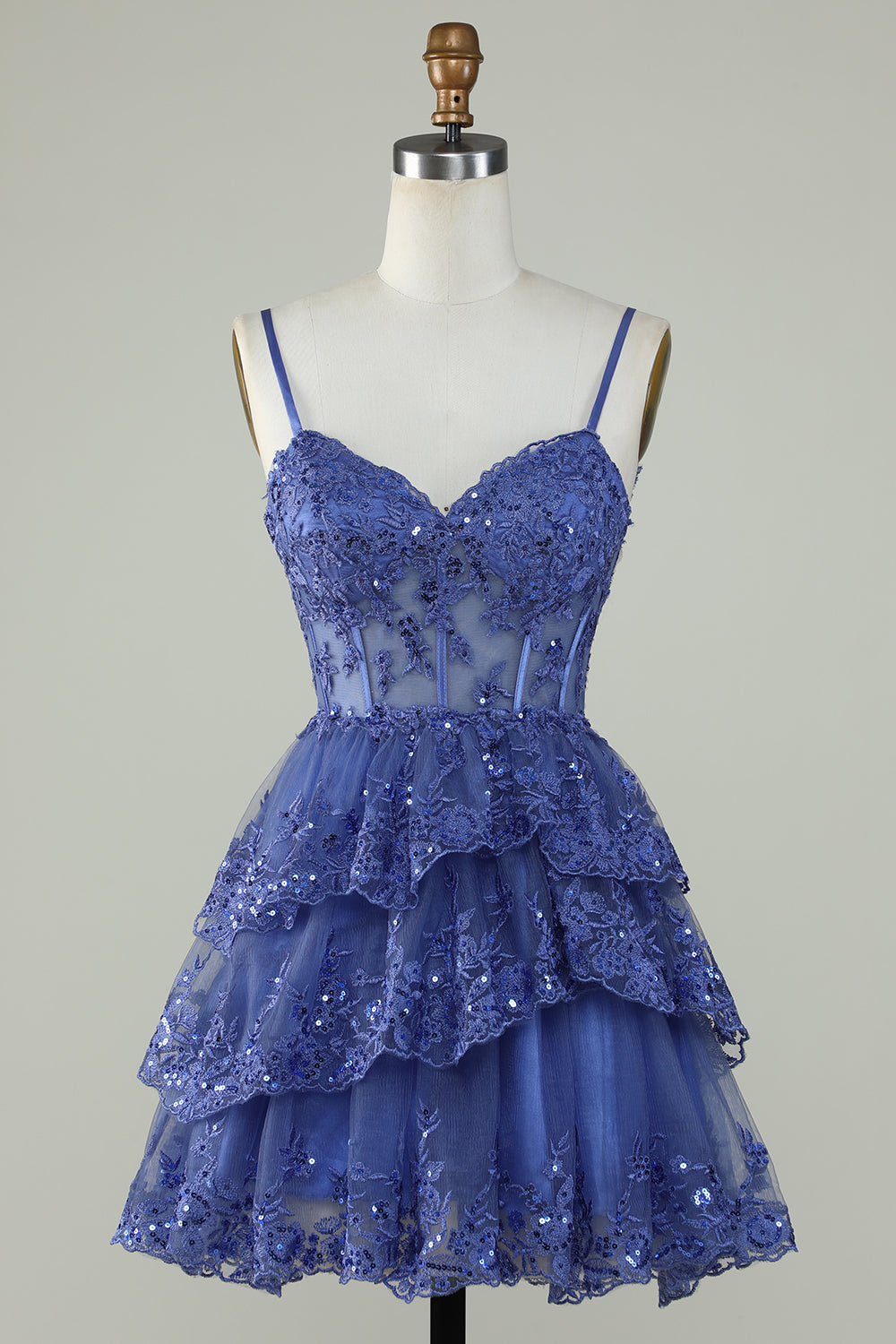 Sparkly Blue Spaghetti Straps Sequin Tiered Short Homecoming Dress