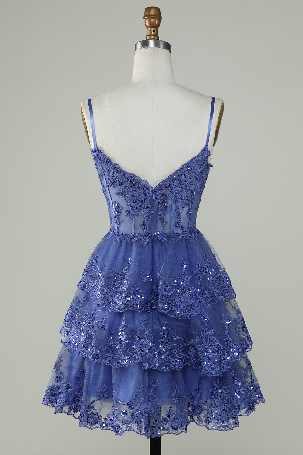 Sparkly Blue Spaghetti Straps Sequin Tiered Short Homecoming Dress