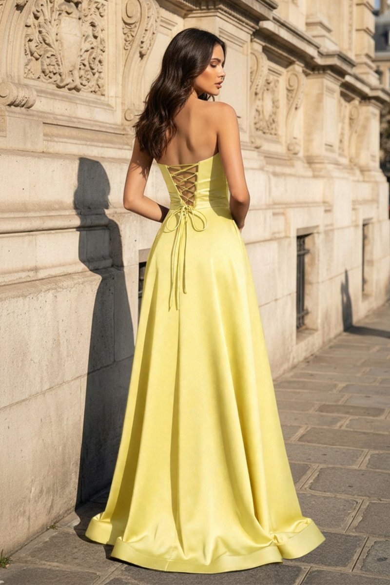 A Line Black Strapless Satin Prom Dresses With Slit