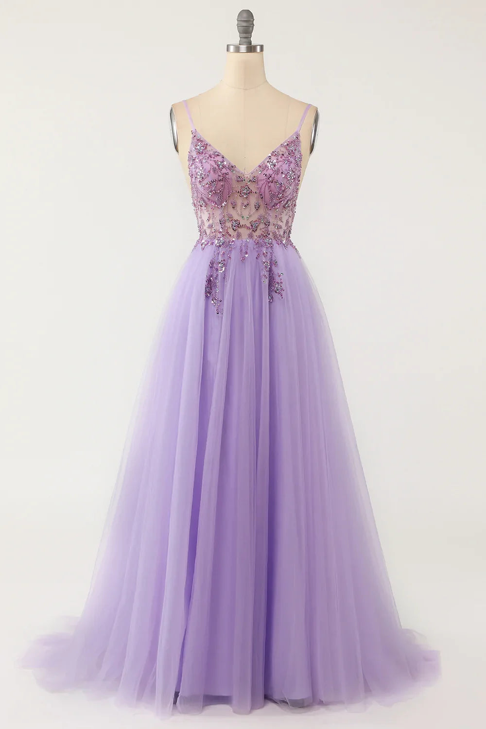 Light Blue Beaded Tulle Spaghetti Straps Prom Dress