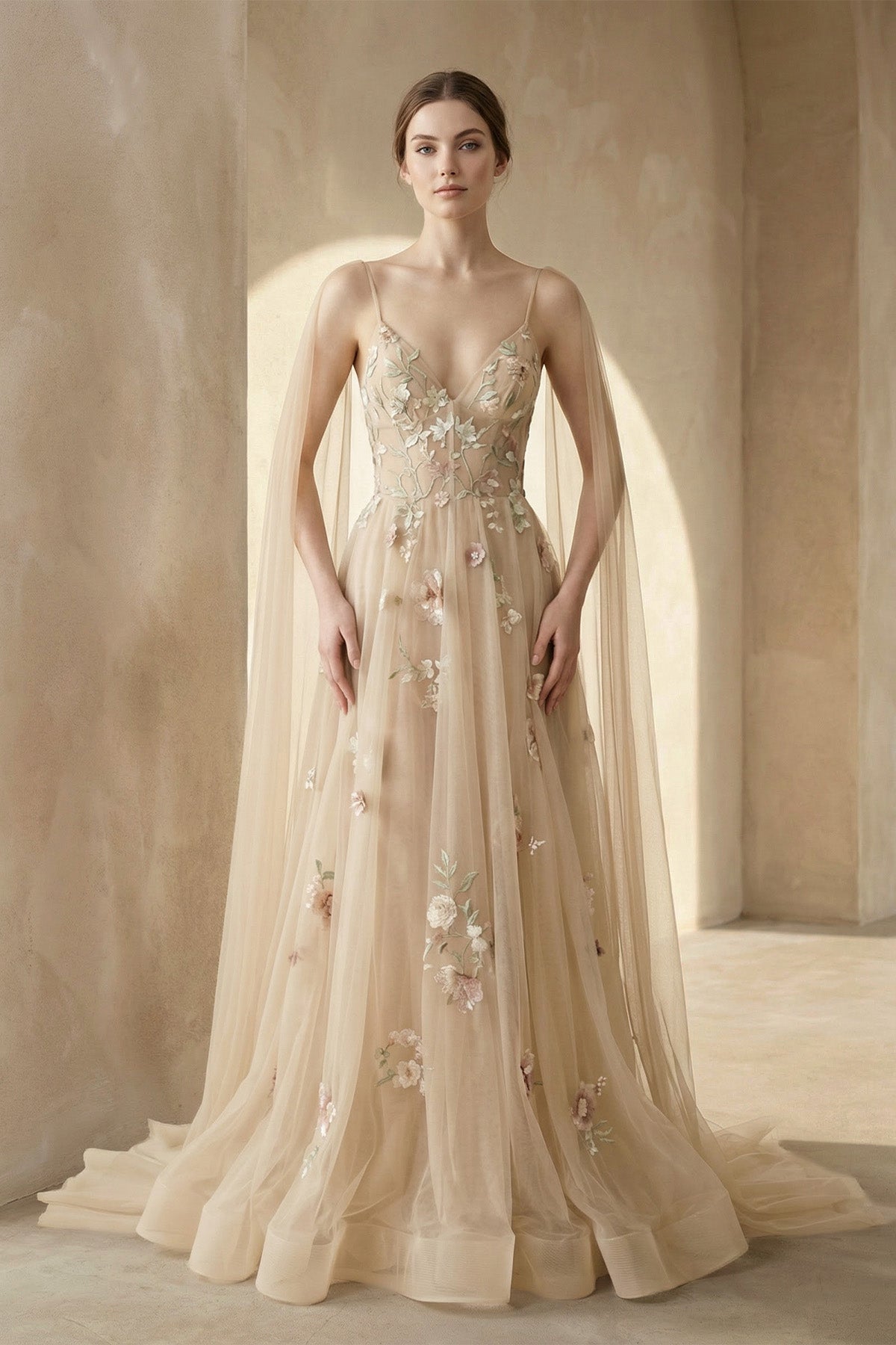 A-line 3D Flower Colorful V Neck Tulle Forest Wedding Dresses