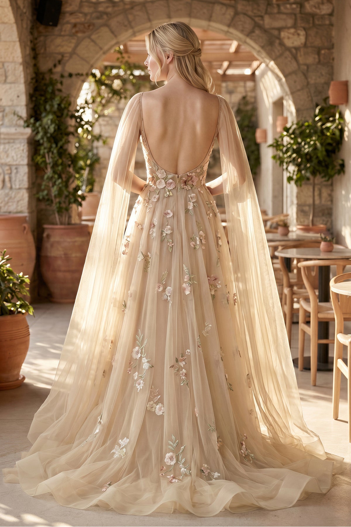 A-line 3D Flower Colorful V Neck Tulle Forest Wedding Dresses