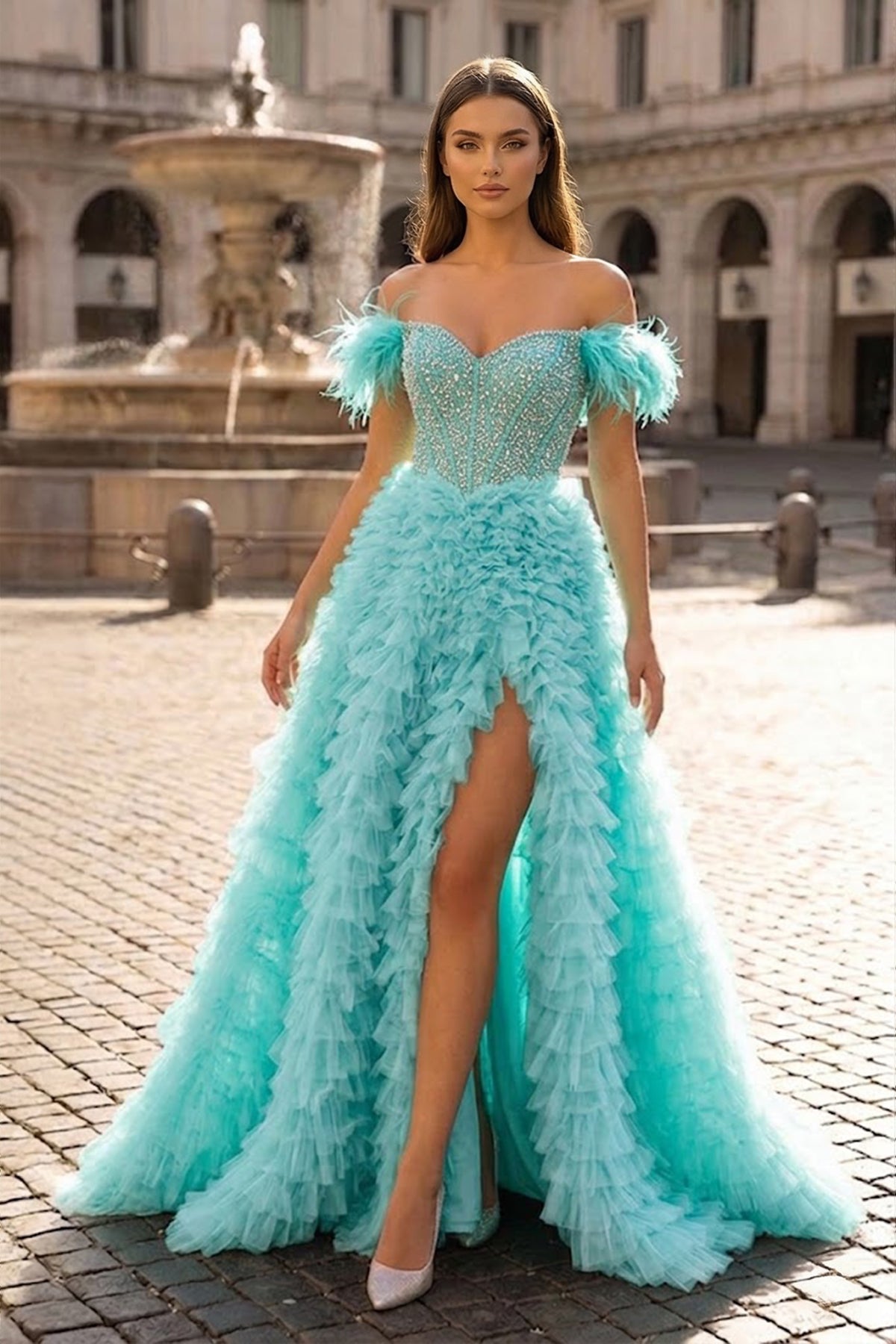 A Line Off the Shoulder Tiered Tulle Prom Dress With Slit