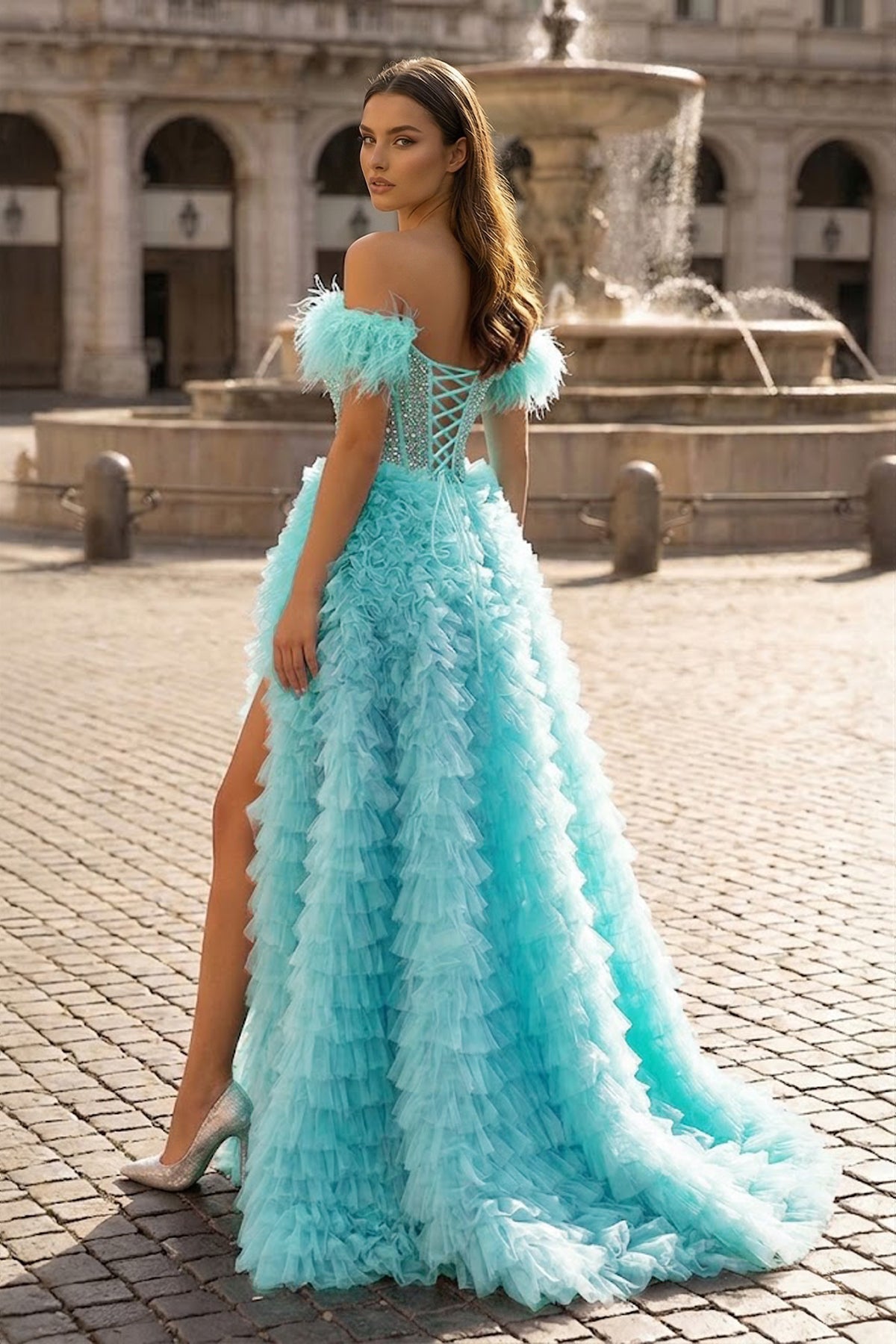 A Line Off the Shoulder Tiered Tulle Prom Dress With Slit