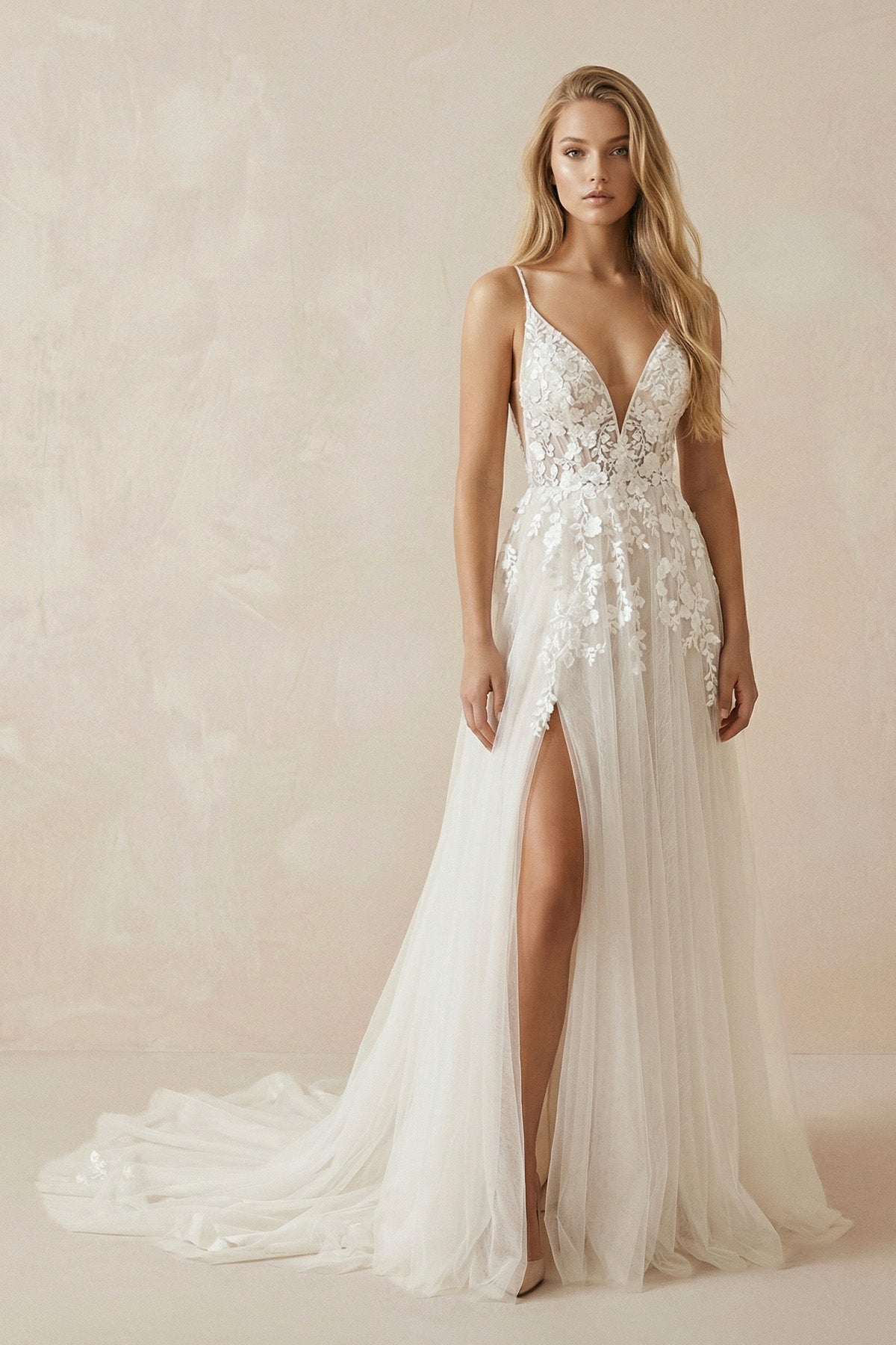 A-line Attractive V-neck Tulle Appliques Bohemian Wedding Dress