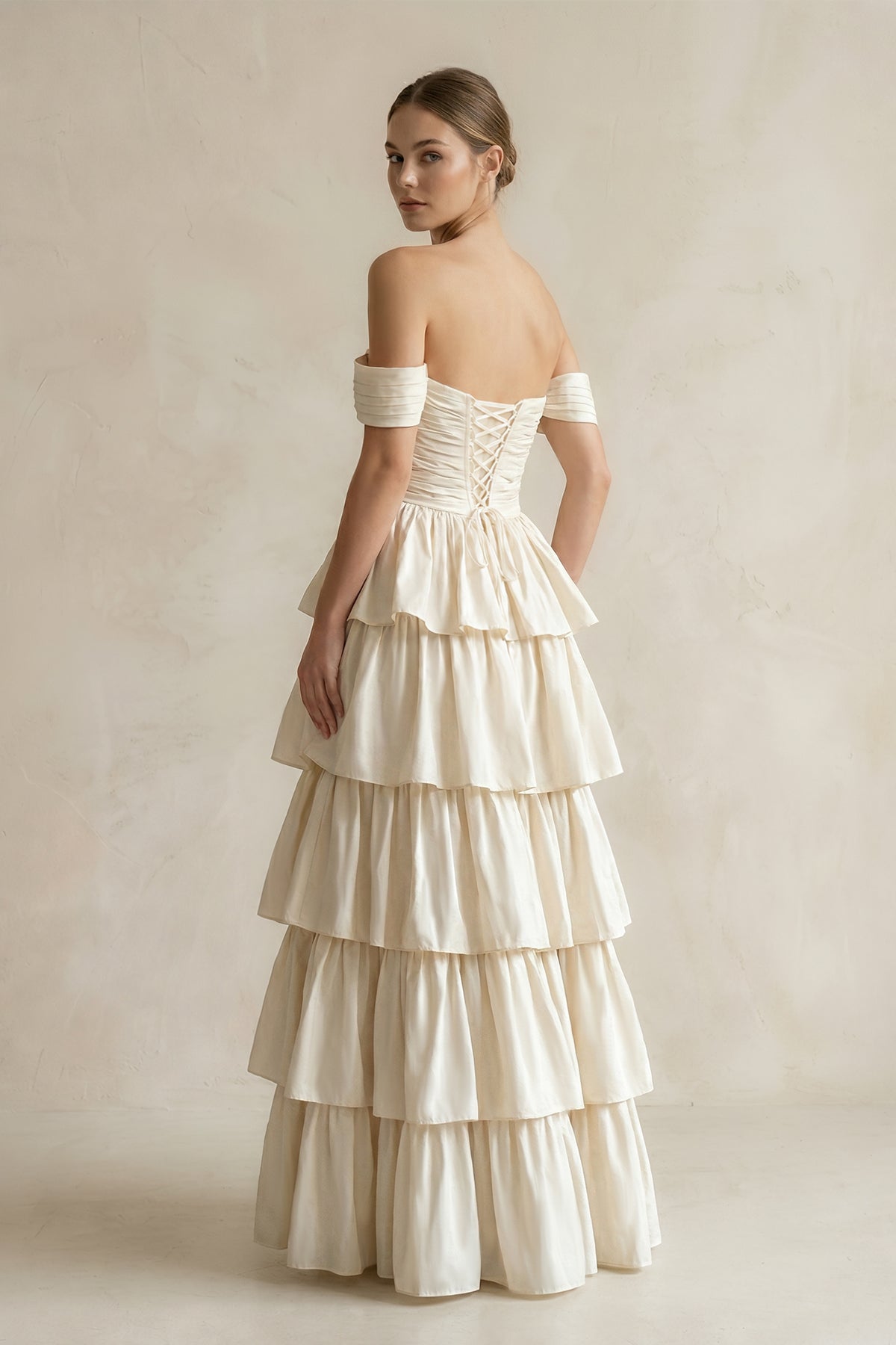 A-Line Beige Multi-Tiered Ruffles Wedding Dresses