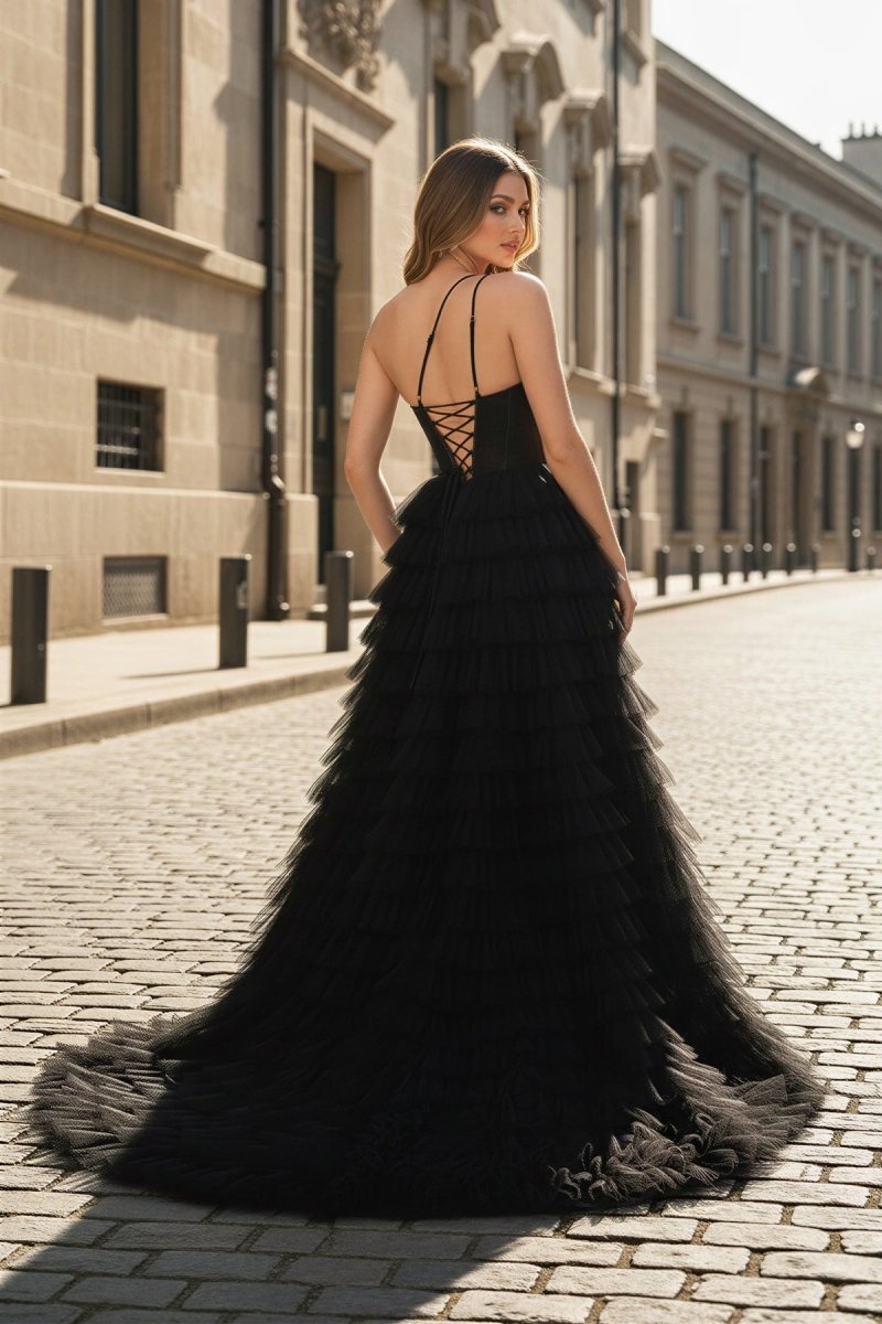 A Line One Shoulder Tiered Long Prom Dress