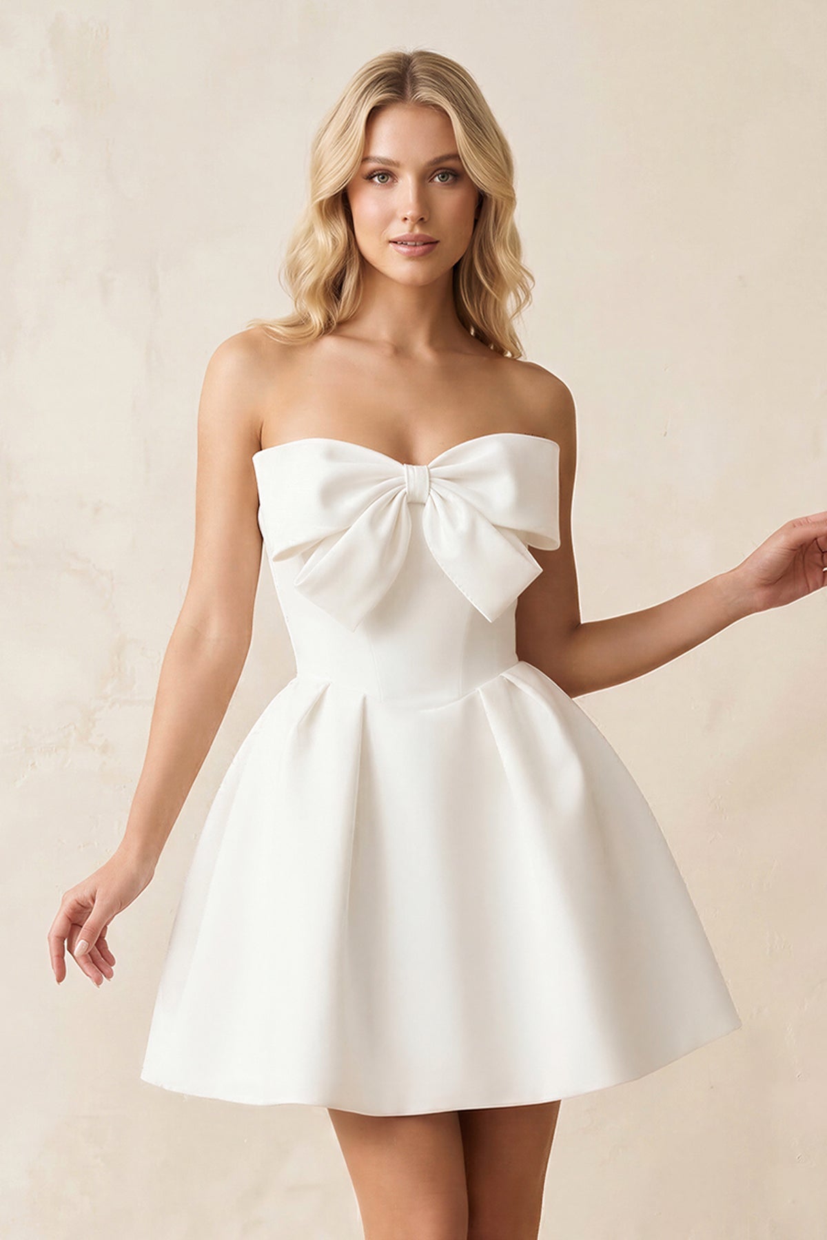 A-Line Bow Strapless Satin MIni Wedding Dress in White