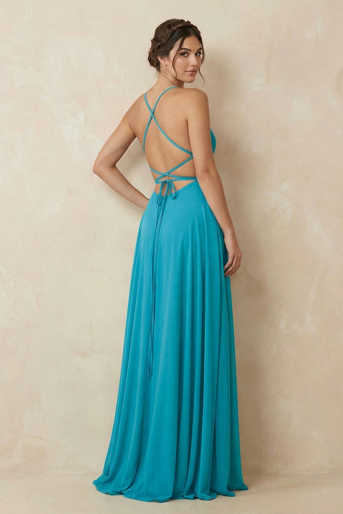 A-Line Chiffon Bridesmaid Dress With Slit in Blue Jay