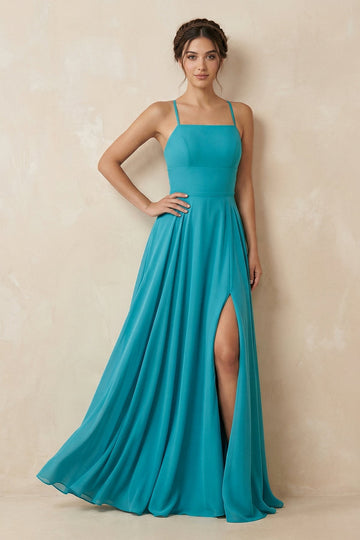 A-Line Chiffon Bridesmaid Dress With Slit in Blue Jay
