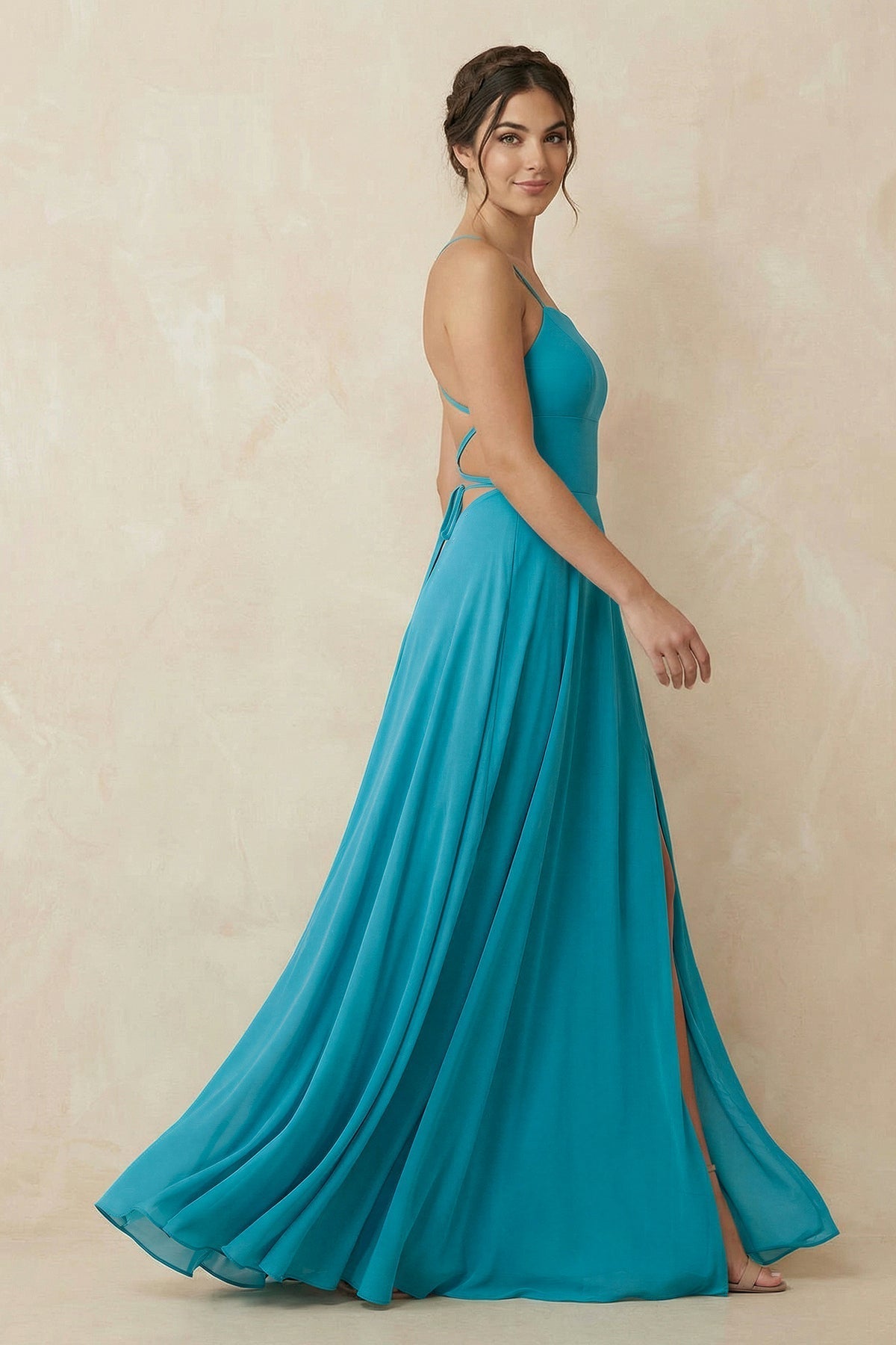 A-Line Chiffon Bridesmaid Dress With Slit in Blue Jay